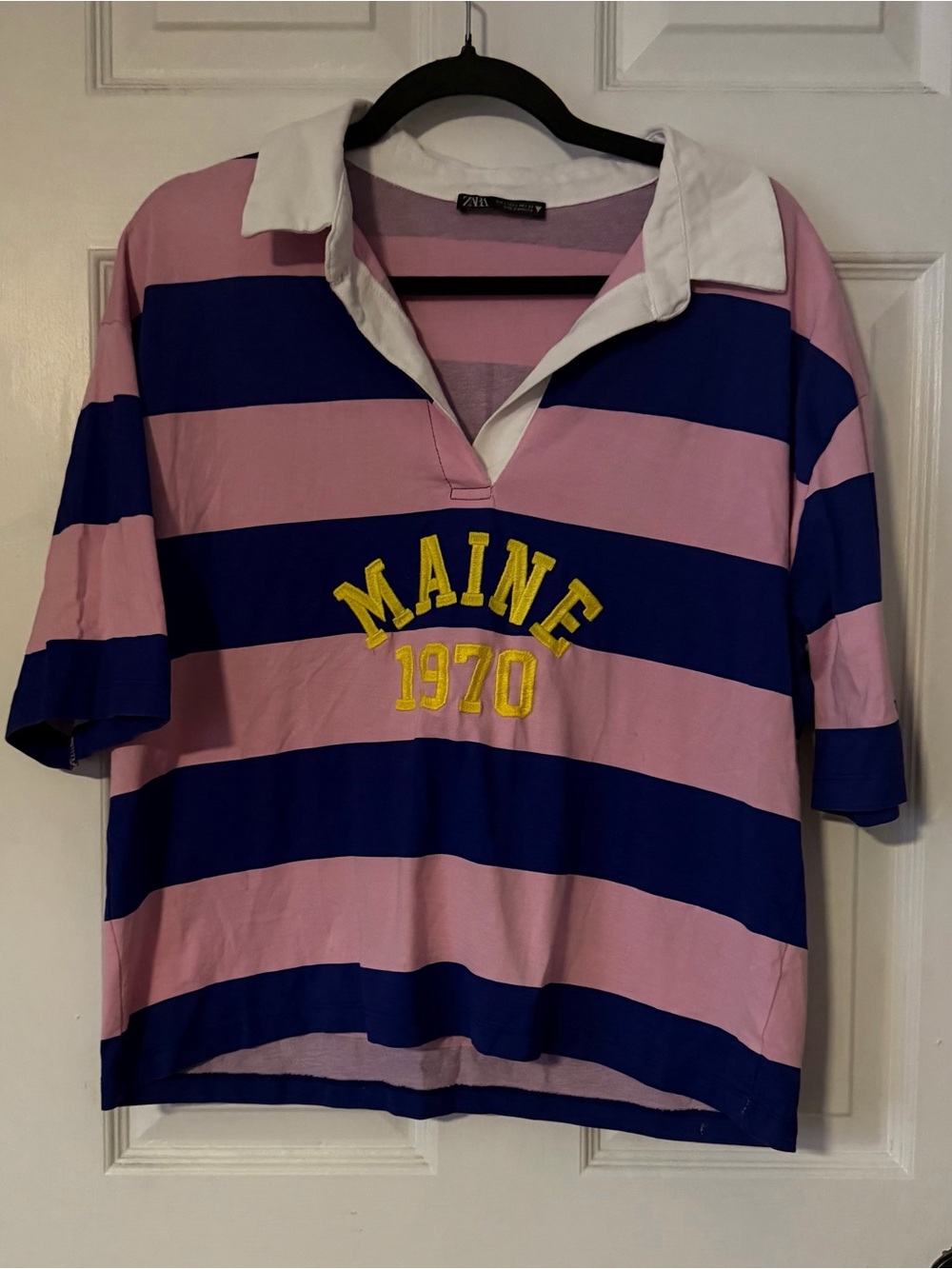 Zara Maine 1970 Rugby Shirt L Pink Blue Striped Embroidered Polo